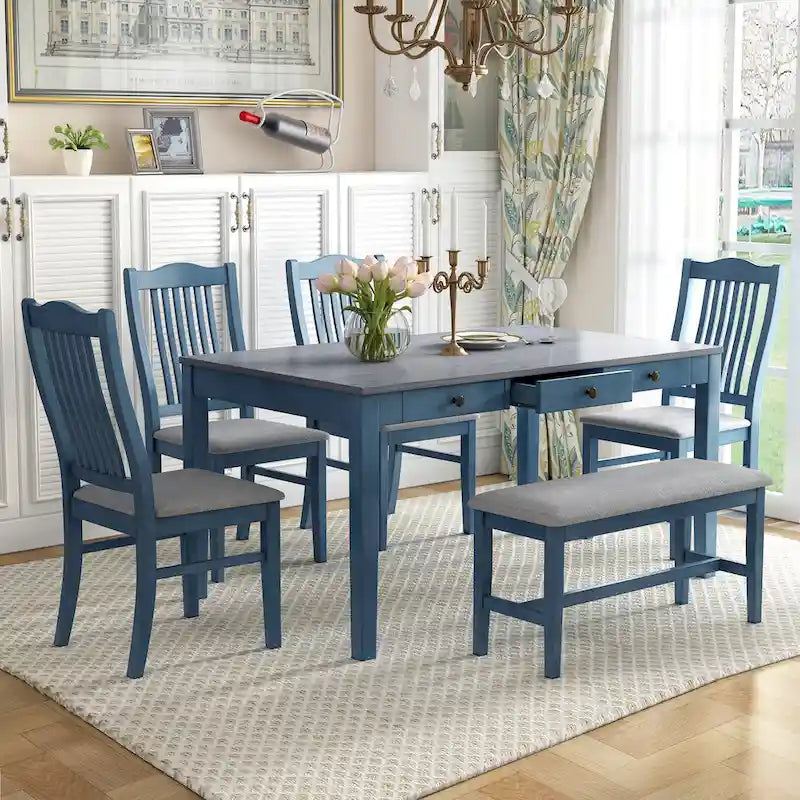 6-teiliges Esszimmer-Set aus Holz mit 4 Stühlen und Bank, Tisch mit Schublade