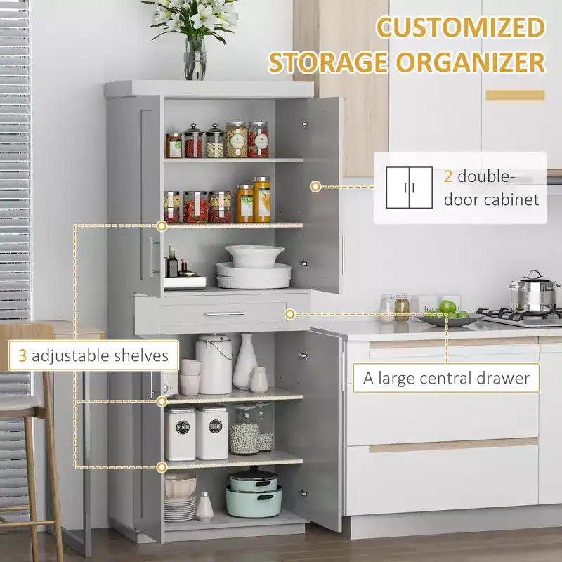 Meuble garde-manger de cuisine moderne autoportant avec portes et tiroir, étagères réglables