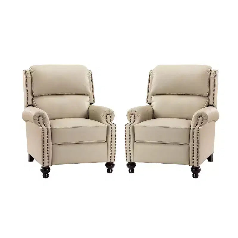 Conjunto de 2 cadeirões reclináveis Elisabete modernos, de costas altas, em pele genuína, com acabamento vintage de tachas, para sala de estar e quarto| ART OF LIVING DESIGNS