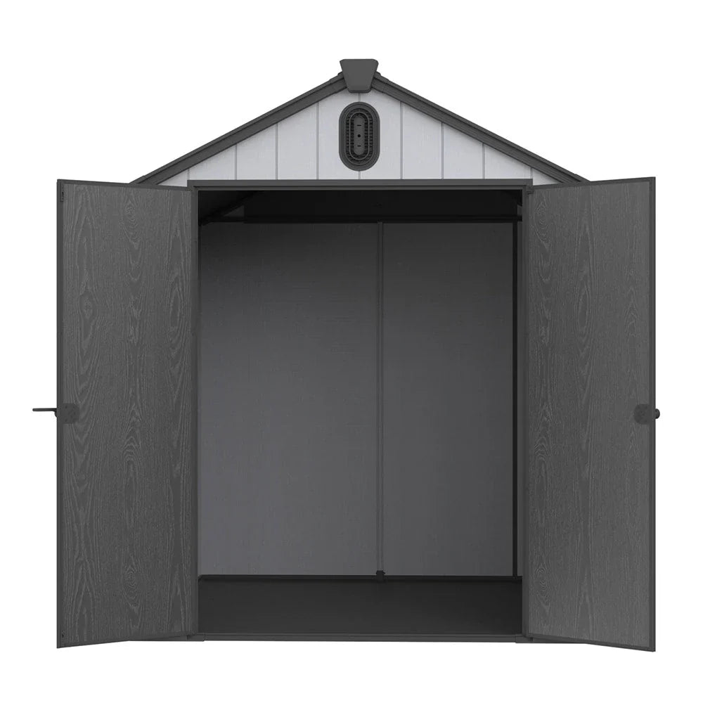 6 ft × 4 ft/6 ft × 8 ft/8 ft × 6 ft/8 ft × 10 ft wetterfester Kunststoff-Geräteschuppen aus Harz für den Außenbereich mit Boden, Spire-Werkzeugschuppen