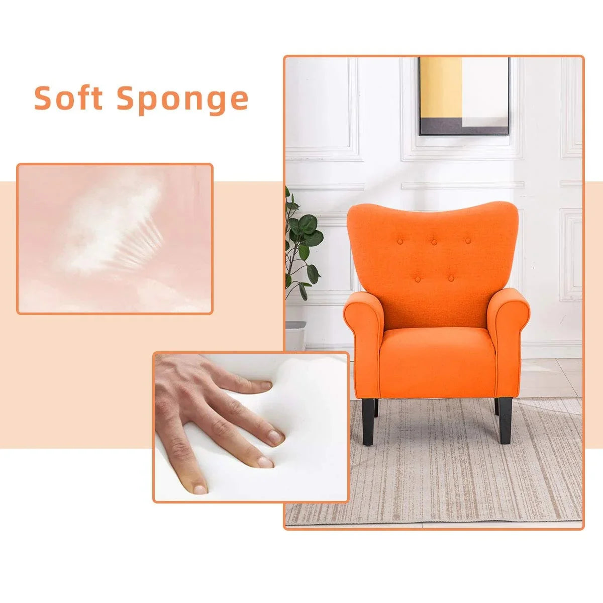 Fauteuil d’appoint moderne Erommy, fauteuil à dossier haut, canapé une place en tissu rembourré avec boutons et pieds en bois pour le salon