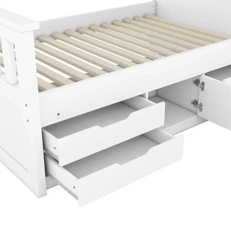 Cama de plataforma tipo capitão Twin/Full com 4 gavetas e prateleiras de arrumação, estrutura de cama em madeira maciça com cabeceira-estante para arrumação