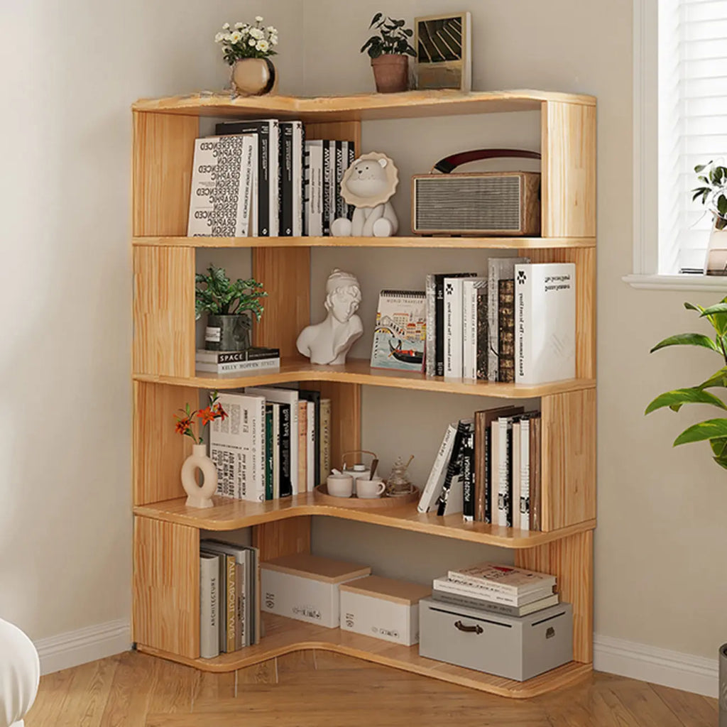 Vertikales L-förmiges Bücherregal aus Holz mit natürlicher Oberfläche und offener Rückseite