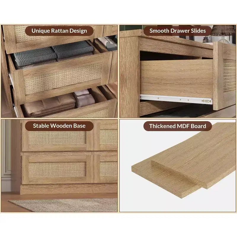 Cómoda de rattan para quarto com 6 gavetas, cómoda larga de estilo quinta moderno de 47, armário organizador de arrumação em madeira para closet, sala de estar e corredor