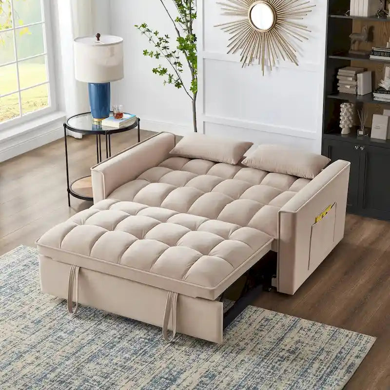 Rozkładana sofa 4 w 1 z podłokietnikami i kieszeniami do przechowywania, wielofunkcyjna pikowana sofa z regulowanym oparciem