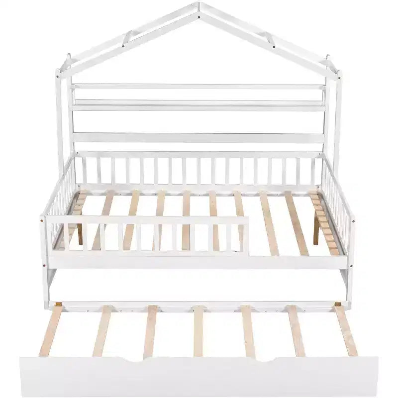 Estrutura de cama-casa Acekool Full com cama auxiliar Twin, gavetas de arrumação e prateleiras, telhado e vedação, cama de plataforma infantil, branca