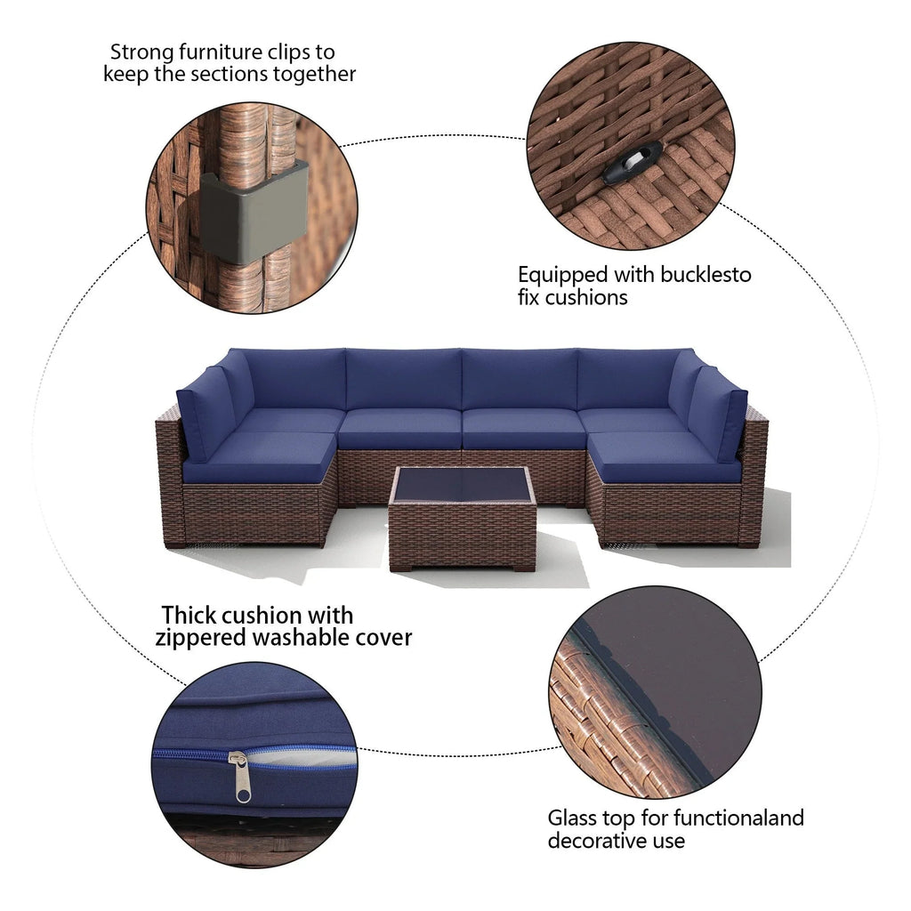 Ensemble de canapé modulaire d’extérieur rembourré en osier et acier, 7 pièces
