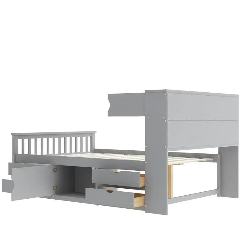Cama de plataforma tipo capitão Twin/Full com 4 gavetas e prateleiras de arrumação, estrutura de cama em madeira maciça com cabeceira-estante para arrumação
