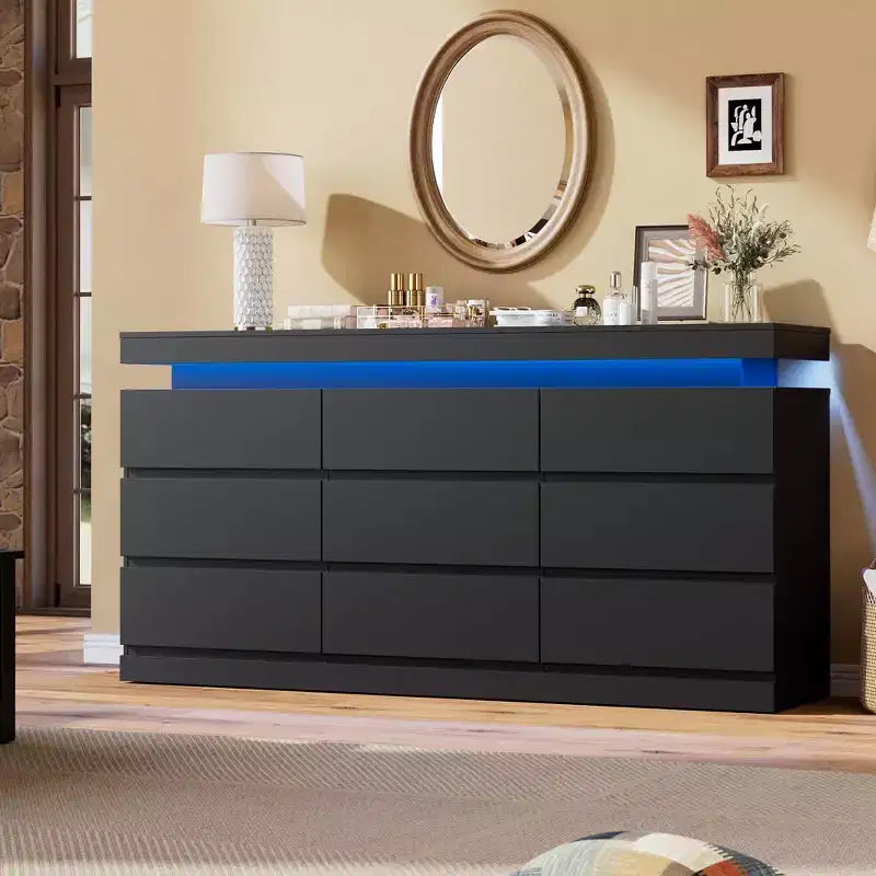 Cassettiera a 9 cassetti per camera da letto, cassettiera con stazione di ricarica e luci LED, armadio contenitore doppio in legno, cassettiera moderna e mobile TV