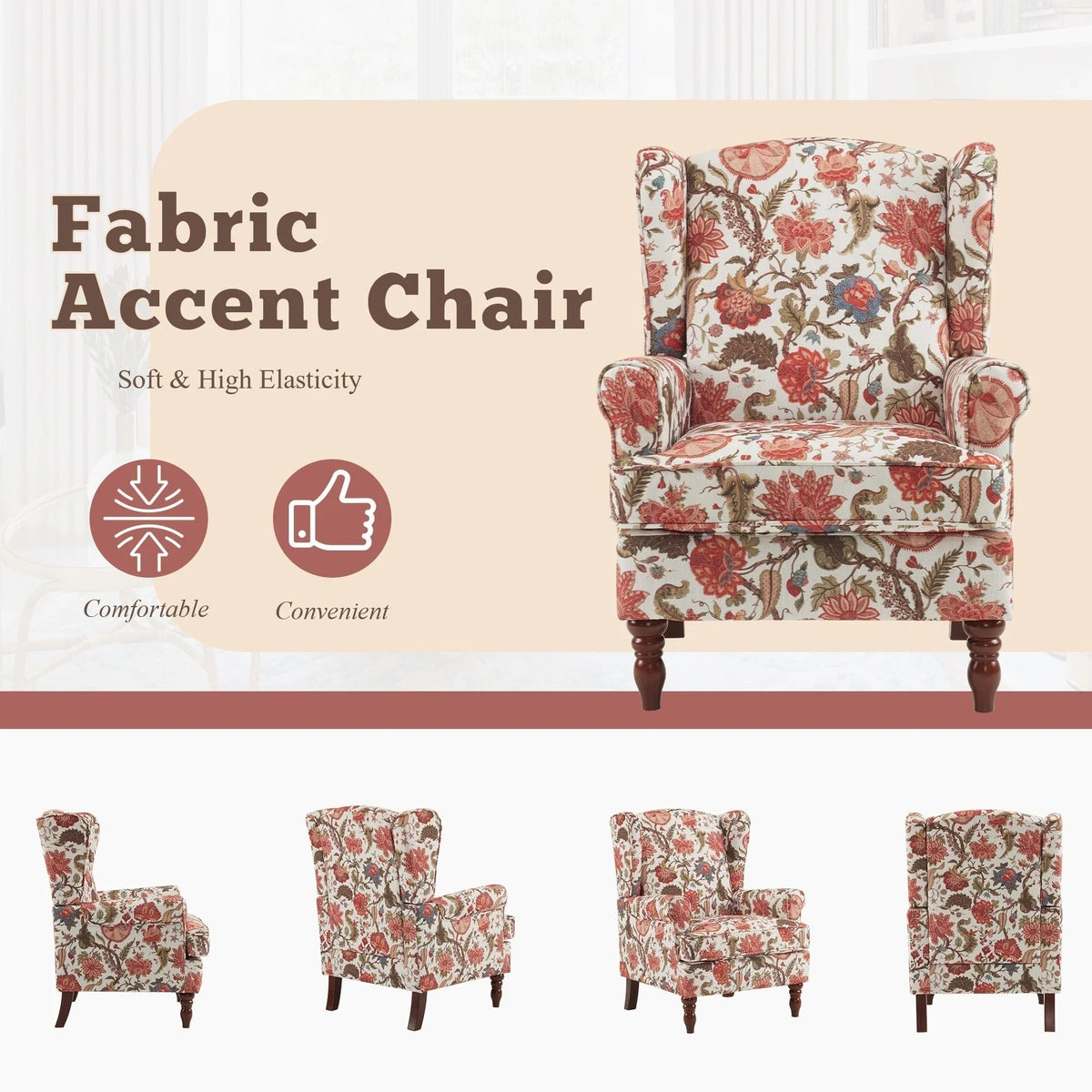 Fauteuil d’appoint moderne Erommy, fauteuil à dossier haut, canapé une place en tissu rembourré avec boutons et pieds en bois pour le salon