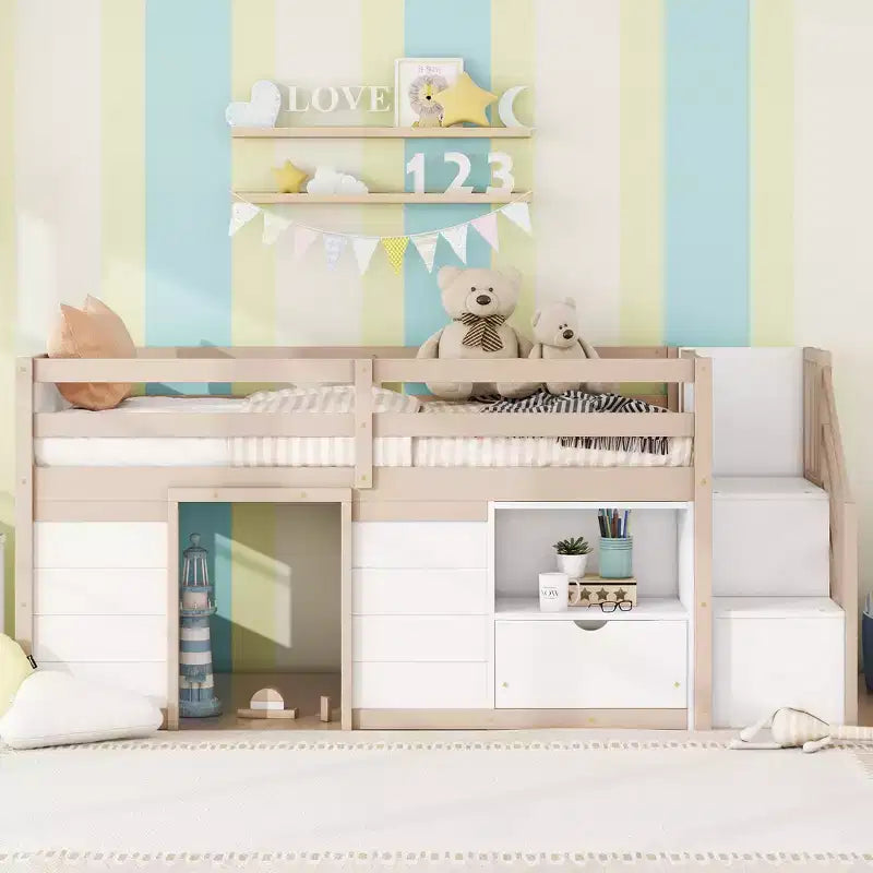 Cama baixa tipo loft individual em madeira maciça, 94.6L x 42.3W, com escada, gaveta e prateleira, design moderno e simples