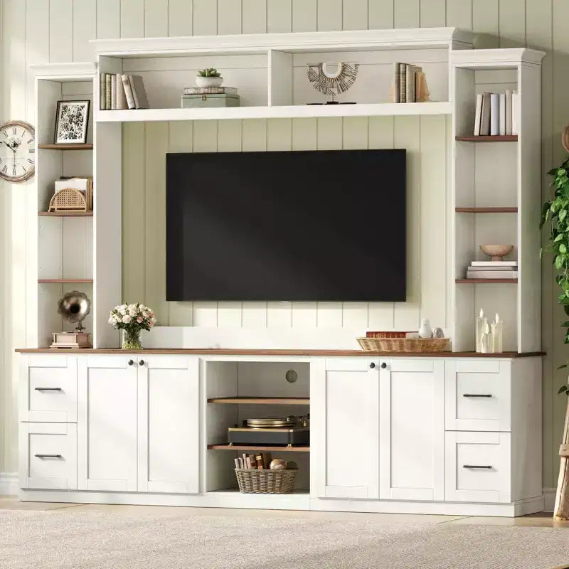 Unità a parete centro d'intrattenimento in stile rustico ModernLuxe 4-in-1, adatta a TV fino a 70, mobile TV e console multimediale con ripiani e cassetti regolabili