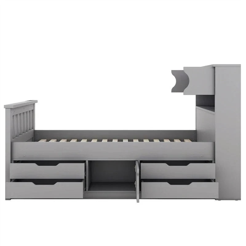 Cama de plataforma tipo capitão Twin/Full com 4 gavetas e prateleiras de arrumação, estrutura de cama em madeira maciça com cabeceira-estante para arrumação