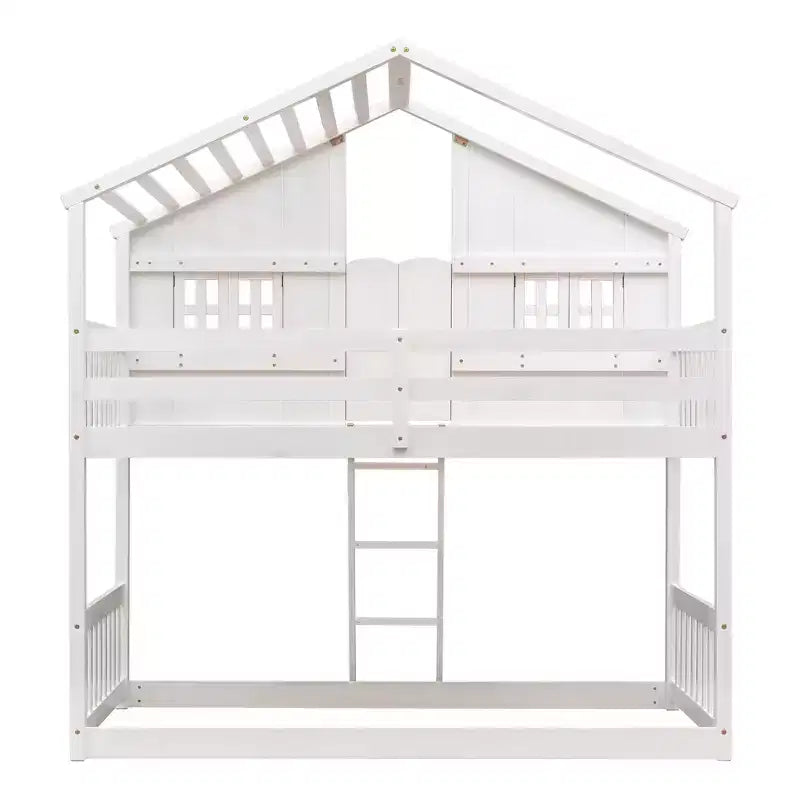 Cama alta de tamanho Twin em forma de casa, cama alta de madeira tipo casinha com escada e barreiras de proteção para crianças