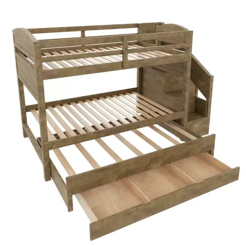 Estrutura de beliche Whisen Twin XL com cama auxiliar, beliche com arrumação, madeira maciça, escada com arrumação, roupeiro e 3 gavetas, para crianças