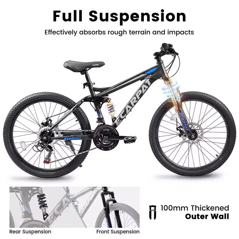 Mountain bike Okak da 26" con freni a disco, bicicletta per adulti a 21 velocità con telaio resistente e doppio ammortizzatore posteriore, bicicletta per ciclismo urbano su strada
