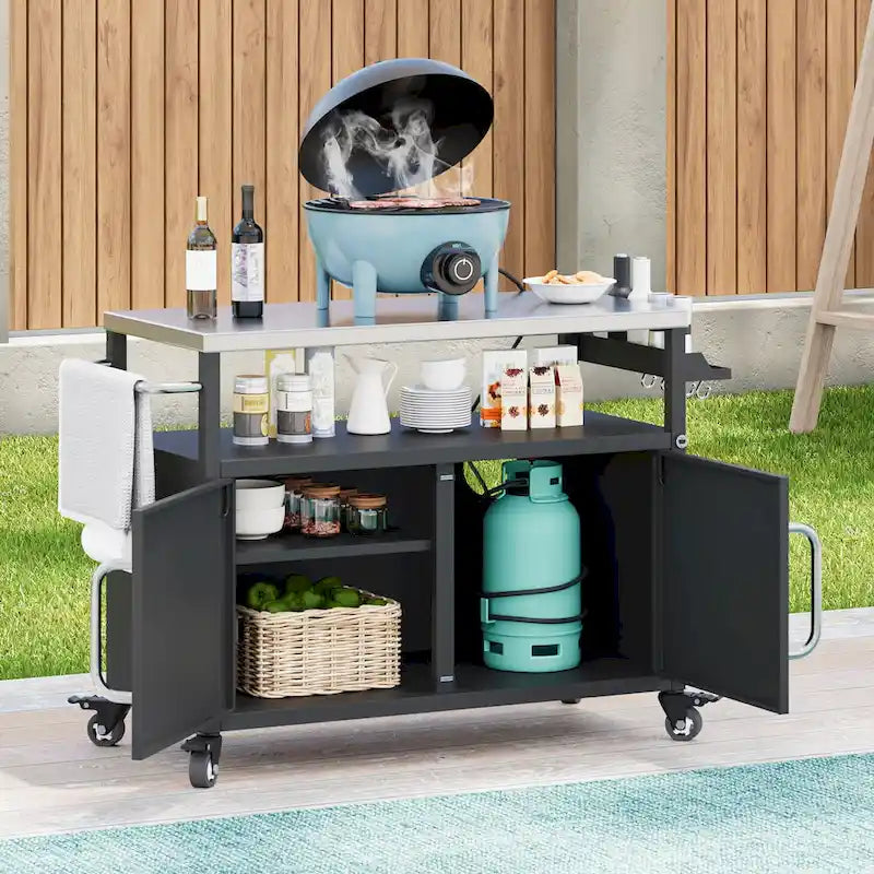 Ilha de cozinha exterior com tampo em aço inoxidável, mesa carrinho para grelhador em metal com armário de arrumação - N/A
