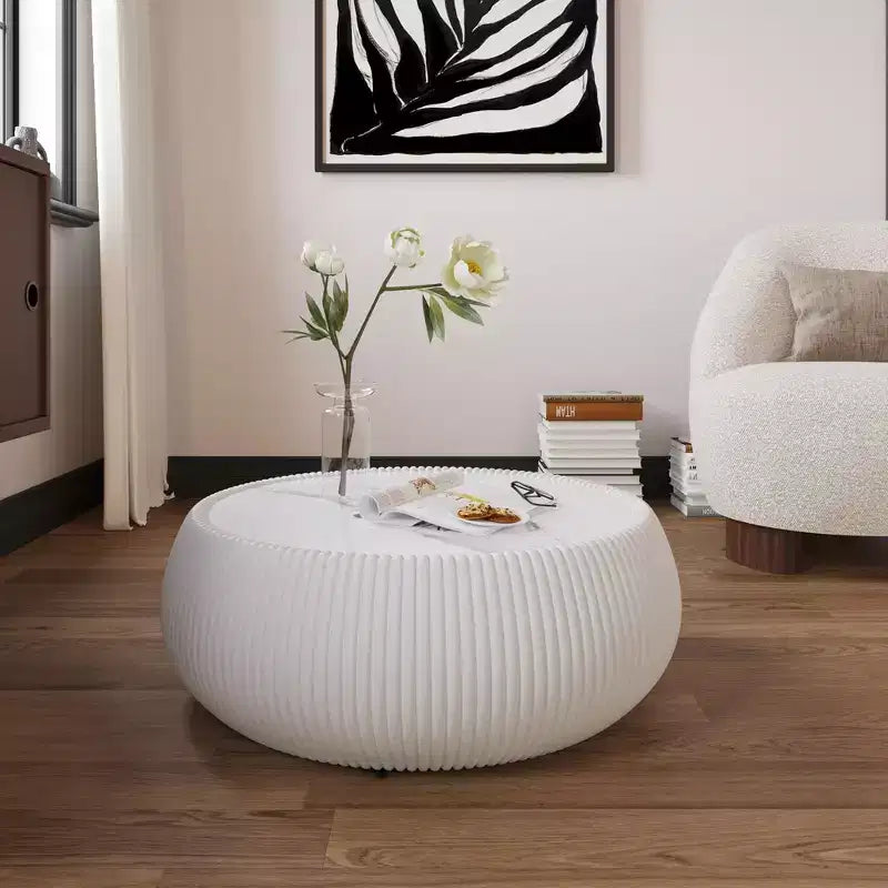 Mesa de centro redonda moderna Okak em forma de tambor, com tampo de mármore e laterais de couro, mesa central elegante para sala de estar e quarto