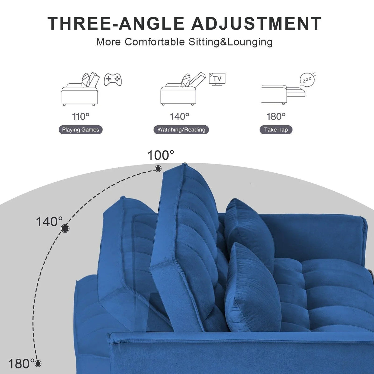 Sofá-cama moderno extensível, sofá-cama 3-em-1 com encosto ajustável, sofá de dois lugares em veludo, almofadas e bolsos laterais
