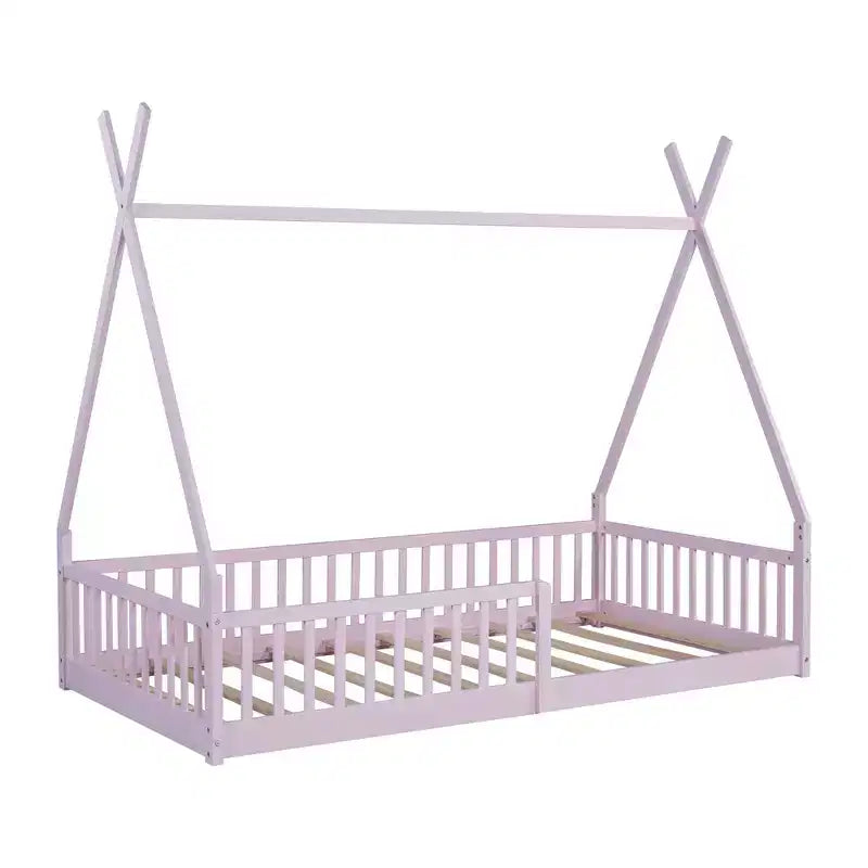 Cama de chão para crianças, camas-tenda individuais, cama de chão Montessori com ripas e grades de proteção, estrutura de cama-casa de madeira para meninos e meninas