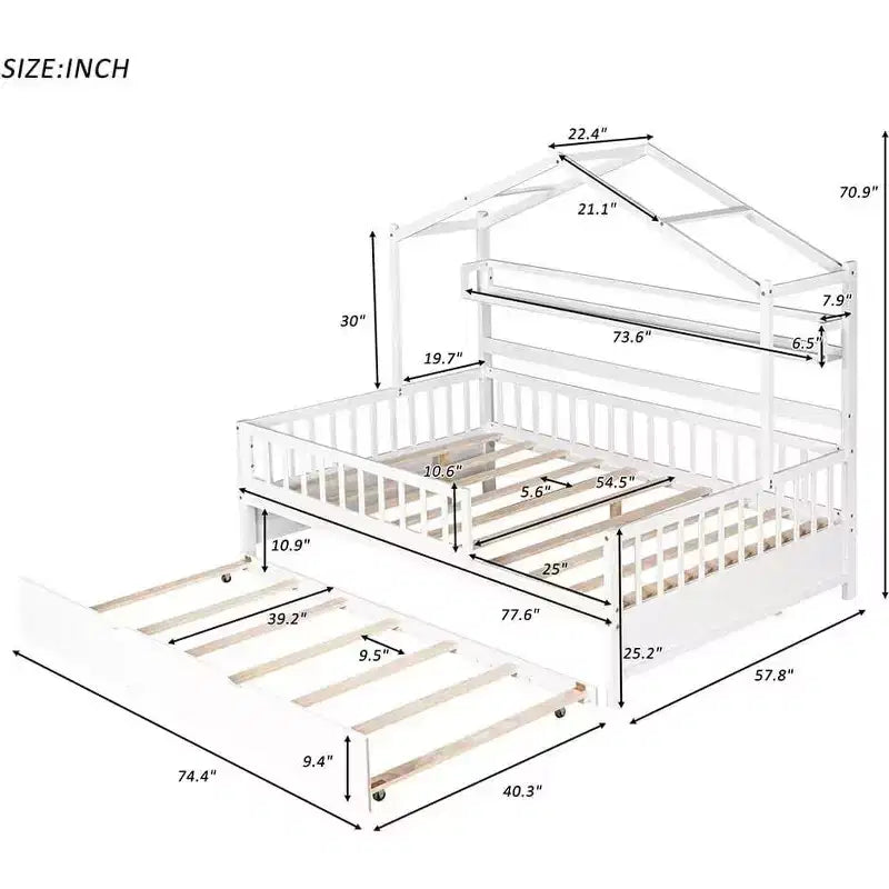 Estrutura de cama-casa Acekool Full com cama auxiliar Twin, gavetas de arrumação e prateleiras, telhado e vedação, cama de plataforma infantil, branca