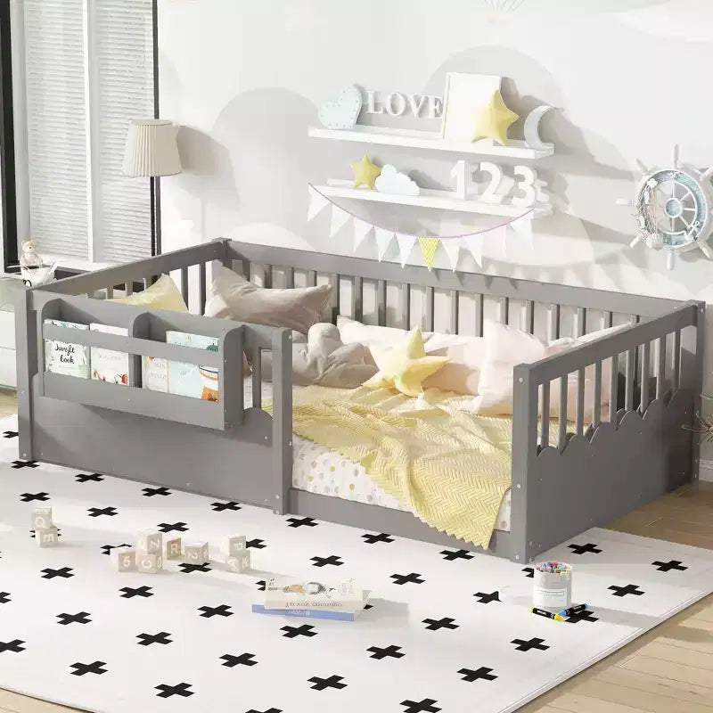 Bellemave Kinder-Bodenbett mit erhöhtem Rausfallschutz und Bücherregal, hölzernes Montessori-Einzelbettgestell für Mädchen und Jungen