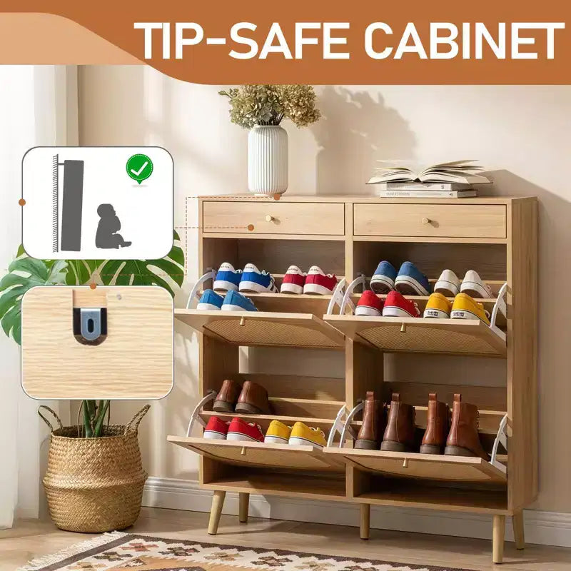 Sapateiro Karl Home com painel de rotim, 2 gavetas e 4 gavetas basculantes, em aglomerado de madeira, 41.34 W