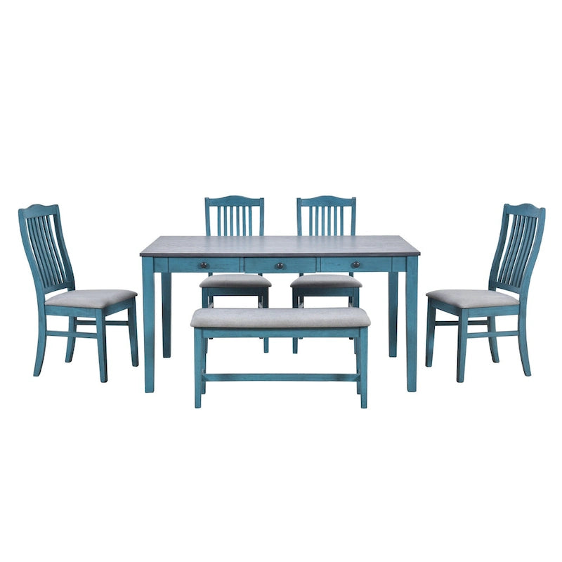 6-teiliges Esszimmer-Set aus Holz mit 4 Stühlen und Bank, Tisch mit Schublade