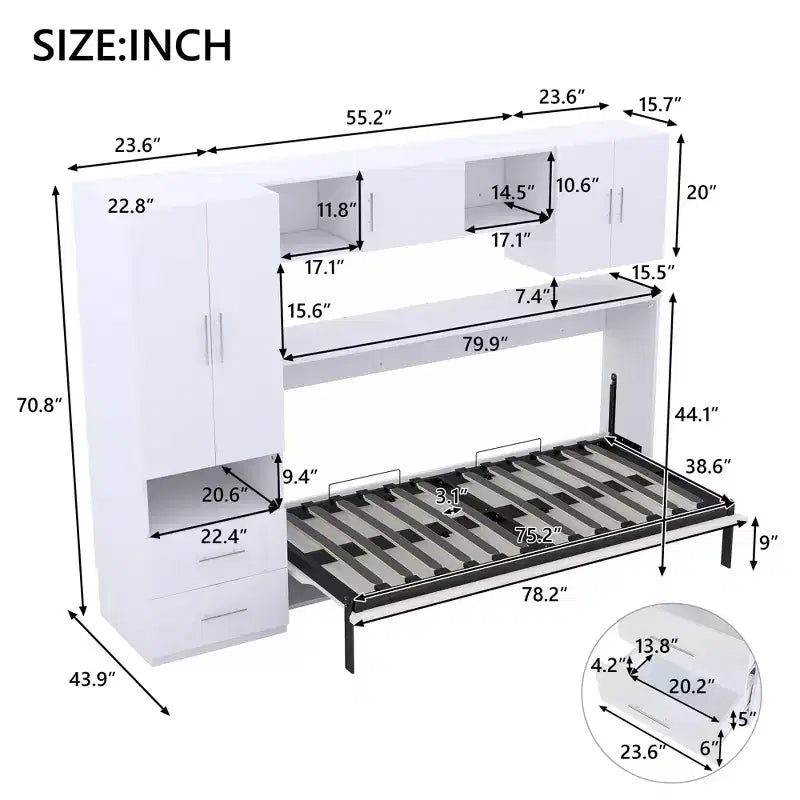Cama escamoteável de solteiro com estrutura de cama de parede, armário de madeira com roupeiro integrado, gavetas de arrumação e prateleiras abertas, branco -ModernLuxe