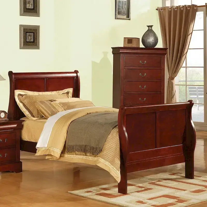 Lit traîneau 1 personne de style transitionnel – collection Louis Philippe III, sommier requis, merisier