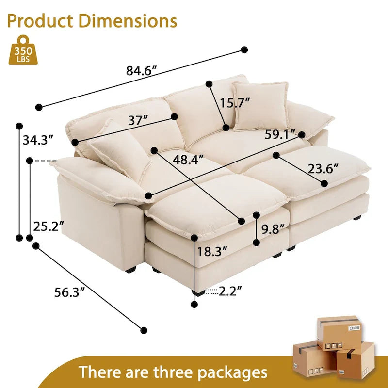 Canapé 2 places avec 2 coussins, 2 oreillers et 2 poufs, canapé confortable – canapé profond modulable pour le salon