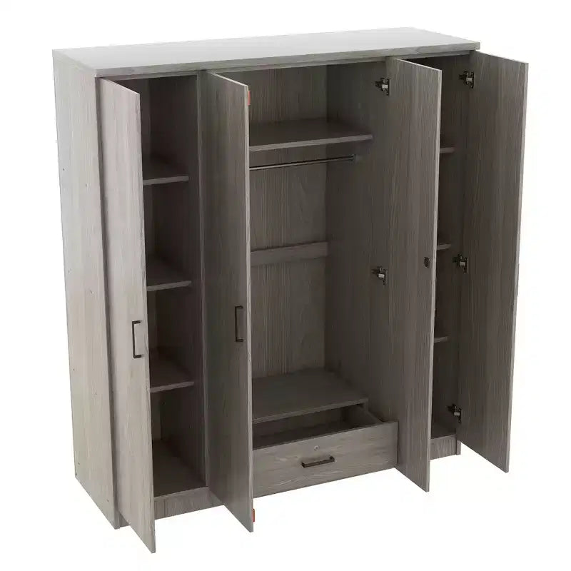 Guarda-roupa de madeira com 4 portas, varão para cabides, 1 gaveta e prateleiras de arrumação