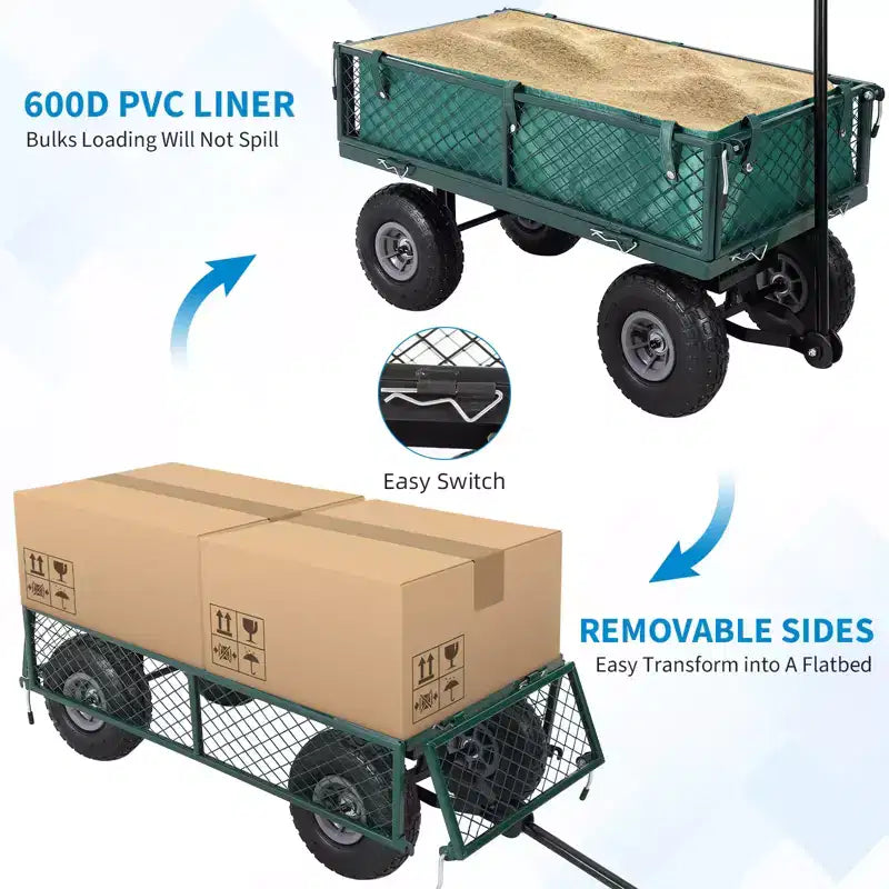 Carroça de jardim em aço resistente, 500 Lbs, carroça utilitária dobrável com laterais e revestimento em rede removíveis, 10 pneus pneumáticos, pega de puxar