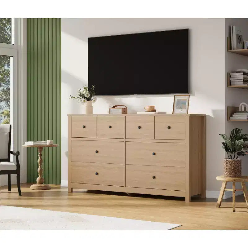 Moderne ladekast met 8 laden voor de slaapkamer, brede houten kast met diepe opbergruimte, vrijstaande organiserende kast voor de woonkamer
