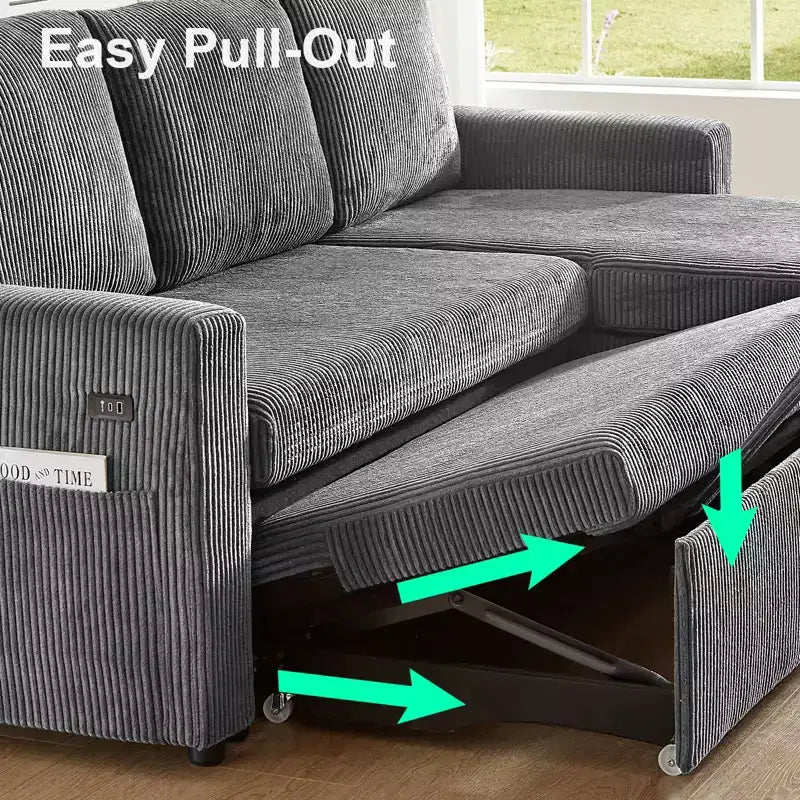 Dyonery 81-Sitzer-Schlafsofa, L-förmiges Ausziehsofa mit wendbarer Recamiere mit Stauraum, USB-Anschluss und verstellbarer Rückenlehne