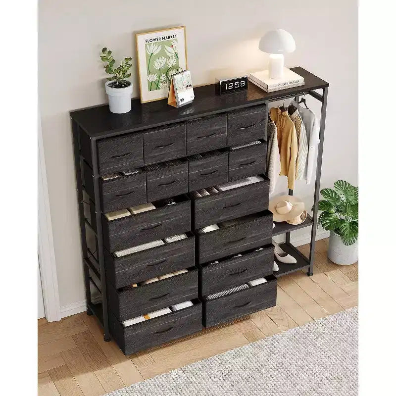 Cómoda com 16 gavetas, varão para pendurar roupa e prateleiras, organizador de arrumação em tecido para quarto, closet ou entrada