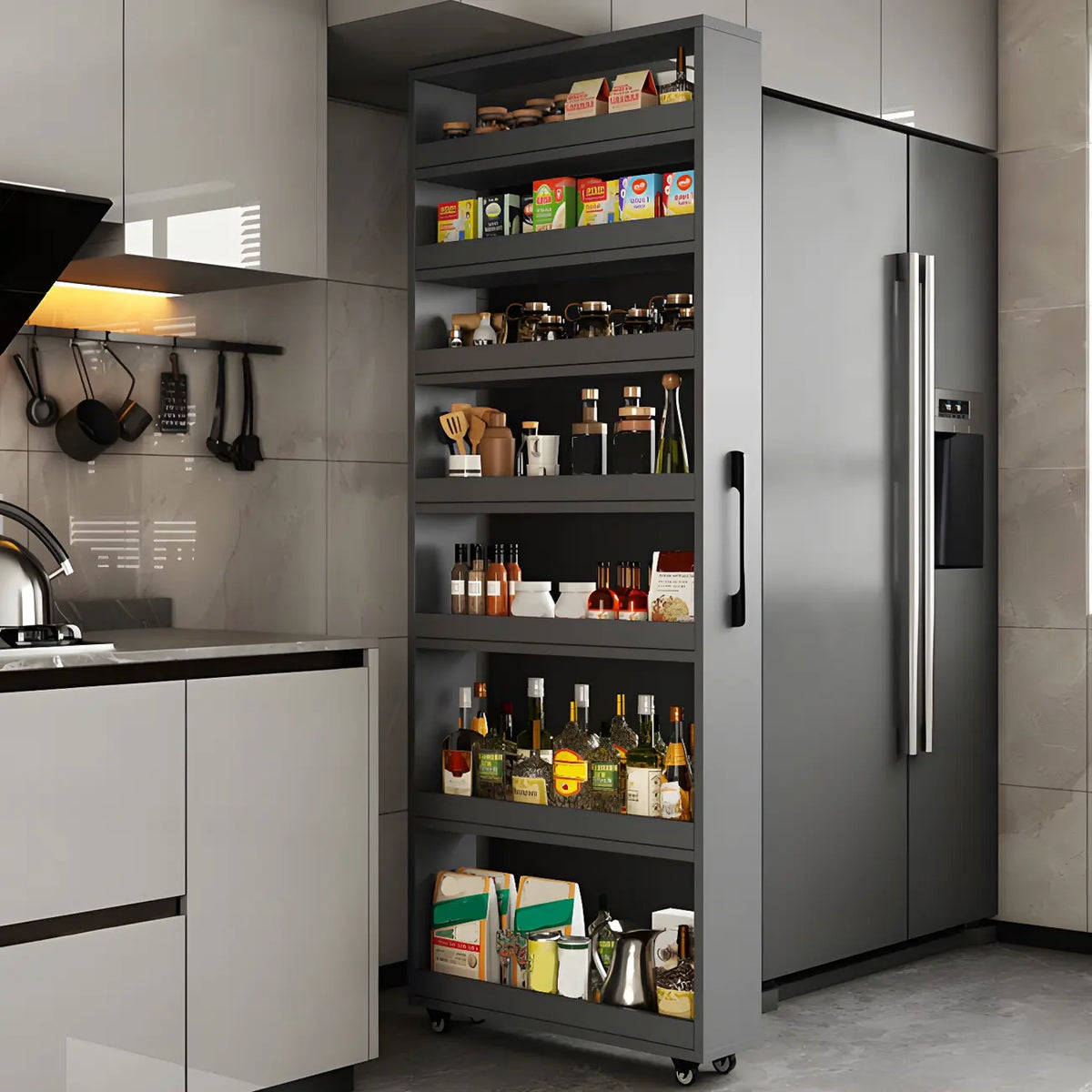 Credenza moderna in legno con ripiani aperti e rotelle