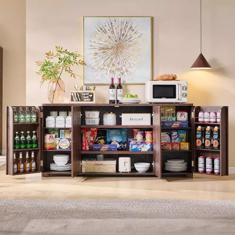 Küchenbuffet und Anrichte mit 4 Türen und Regalböden, moderner großer Buffetschrank mit Stauraum, 66-Zoll-Kaffee-Barschrank