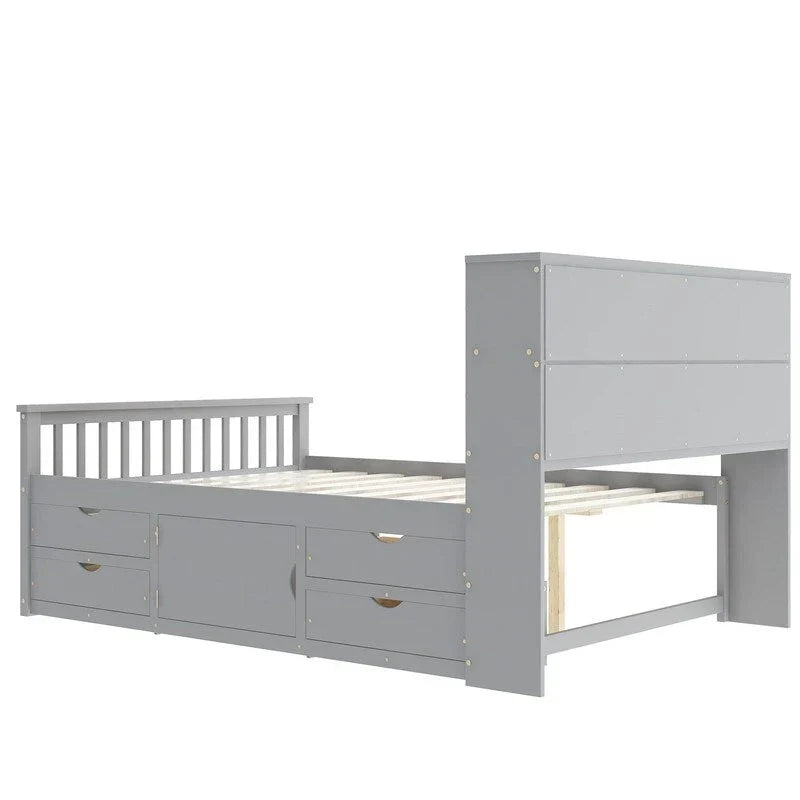 Cama de plataforma tipo capitão Twin/Full com 4 gavetas e prateleiras de arrumação, estrutura de cama em madeira maciça com cabeceira-estante para arrumação
