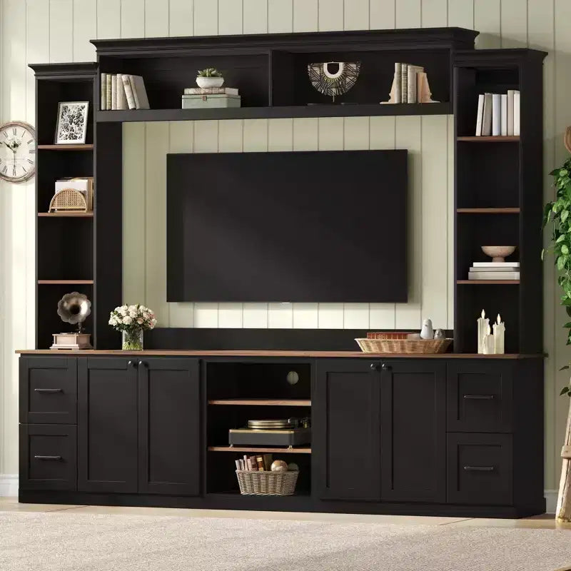 Unità a parete centro d'intrattenimento in stile rustico ModernLuxe 4-in-1, adatta a TV fino a 70, mobile TV e console multimediale con ripiani e cassetti regolabili