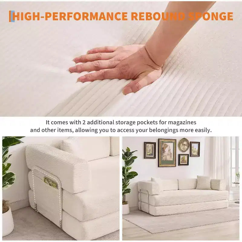 Sofá-cama convertível 5-em-1, sofá-cama modular de bombazina de 78.8 com estrutura robusta, futon multifunções para espaços pequenos, sala de estar e quarto de hóspedes