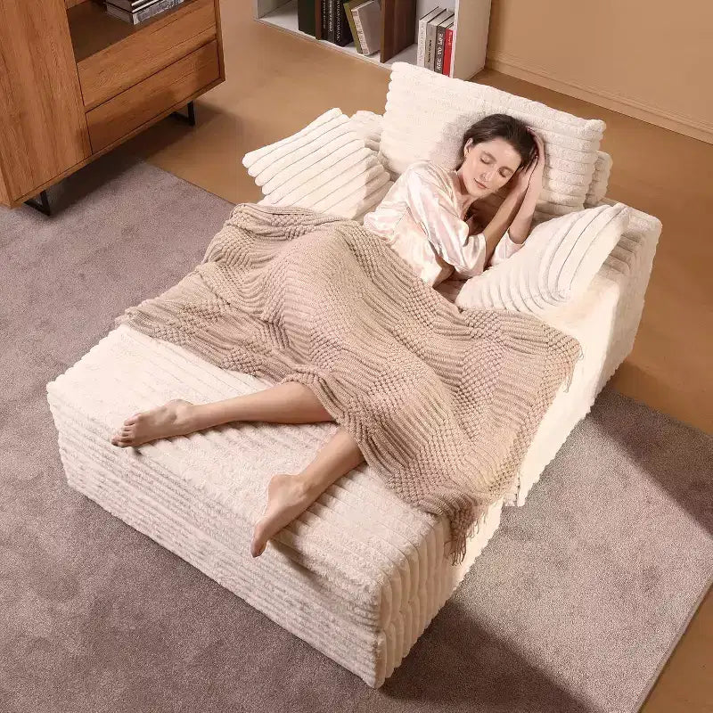 Chaise longue de grandes dimensões para interior com pufe de arrumação, sofá-cama estofado em bombazina Cloud Couch com 3 almofadas, poltrona-cama individual