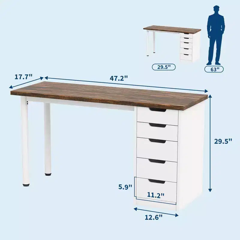 Secretária para computador de 47 polegadas com 5 gavetas de arrumação, mesa de estudo e escrita moderna de estilo rústico reversível, estação de trabalho para escritório em casa para espaços pequenos