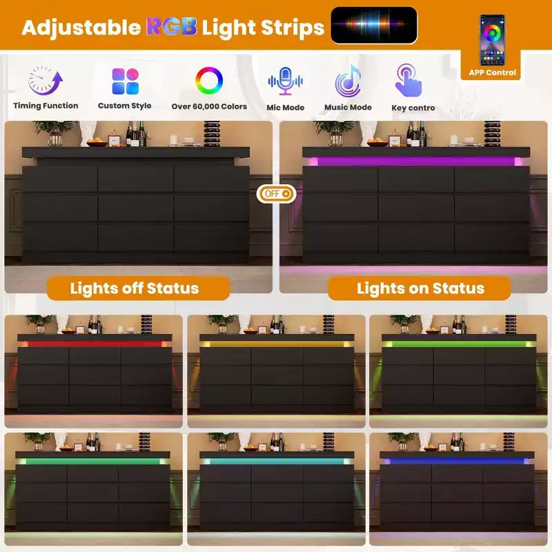 Cassettiera a 9 cassetti per camera da letto, cassettiera con stazione di ricarica e luci LED, armadio contenitore doppio in legno, cassettiera moderna e mobile TV