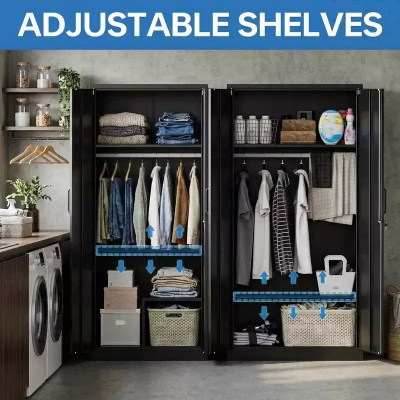 Armário de roupa de 72in com fechadura, armários de arrumação de garagem em metal preto com prateleiras ajustáveis e varão para cabides, armário de arrumação em metal para casa, quarto