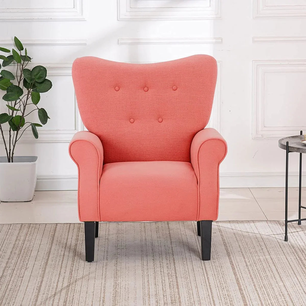 Fauteuil d’appoint moderne Erommy, fauteuil à dossier haut, canapé une place en tissu rembourré avec boutons et pieds en bois pour le salon