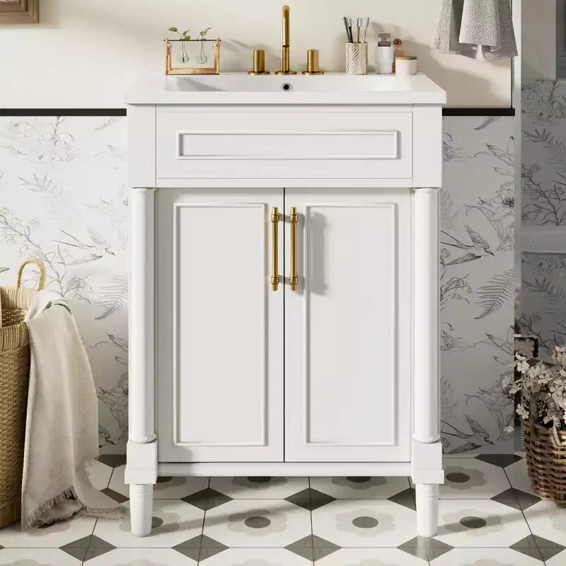 Móvel de casa de banho de 24 com lavatório cerâmico, armário Shaker, 2 portas com fecho suave e estrutura de madeira maciça para casa de banho pequena ou lavabo
