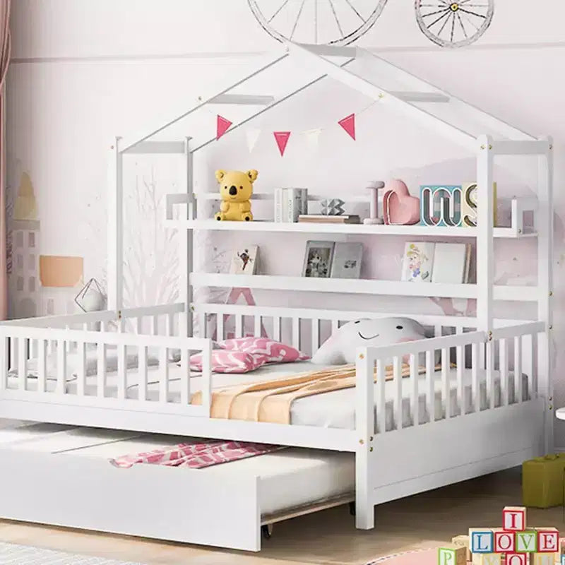 Estrutura de cama-casa Acekool Full com cama auxiliar Twin, gavetas de arrumação e prateleiras, telhado e vedação, cama de plataforma infantil, branca