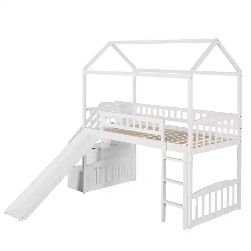 Cama alta tipo casa Twin com escorrega e escadas, cama alta com gavetas de arrumação, cama alta de madeira tipo cabana para crianças e bebés