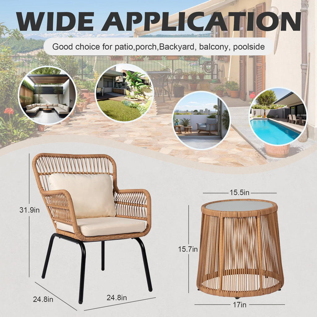 Ensemble bistro de conversation extérieur en osier de 3 pièces, mobilier de patio en rotin toutes saisons avec coussins
